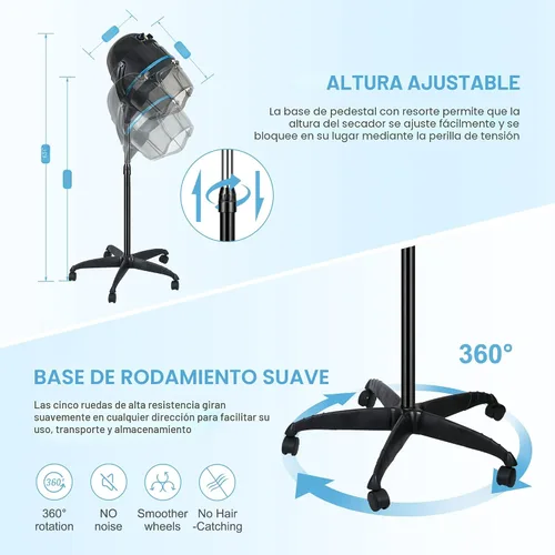 Miniatura 4 de Secador de pelo profesional de 1300W ajustable con capucha, de pie, base giratoria, con ruedas, para salón. Negro