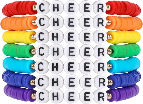 Miniatura 21 de Juego de pulseras heishi arcoíris estilo surfista para mujer, juego de pulseras apilables de cuentas de arcilla, pulseras elásticas con disco
