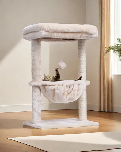 Miniatura 5 de SYANDLVY Árbol pequeño para gatos de interior, torre de actividad para gatos con poste rascador para gatitos, muebles para gatos con cesta y bola