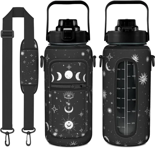 Miniatura 35 de Goth Moon Botella de agua de medio galón con funda - Botella de agua con tapa abatible sin BPA de 32 onzas - con marcador de tiempo, jarra de agua a