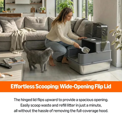 Miniatura 7 de Solpobei - Caja de arena de acero inoxidable cerrada, caja de metal para gatos, mediana Sartén pequeña para gatos con tapa, 18.7 pulgadas