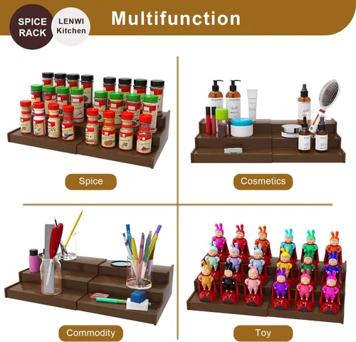 Miniatura 7 de Lenwi Organizador de estante de especias para gabinete, de 3 niveles expandibles de bambú, ideal para gabinete de cocina, armario, despensa y más