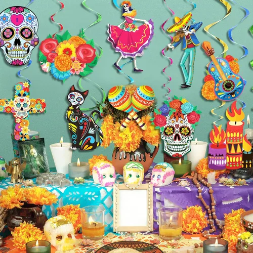 Miniatura 7 de 30 remolinos de papel de aluminio del Día de los Muertos, decoraciones de Halloween, calavera de azúcar, flores colgantes en el techo, remolinos
