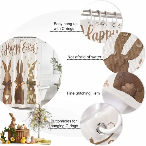 Miniatura 4 de LooPoP Cortina de ducha de Pascua con ganchos, tela impermeable, diseño de flores, zanahoria, conejo, juego de cortinas de ducha para baño, bañeras
