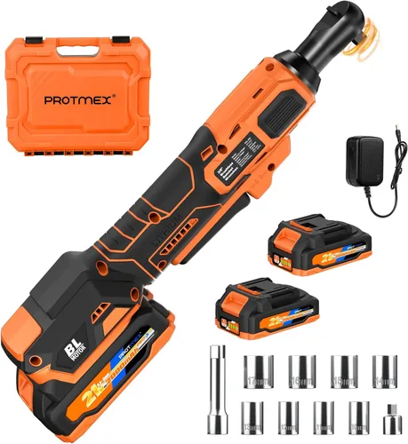 Protmex Llave de trinquete inalámbrica de 74 FT-LBS (100 N.m), trinquete eléctrico sin escobillas de 3/8'' con batería de 21V 2.0Ah, kit de