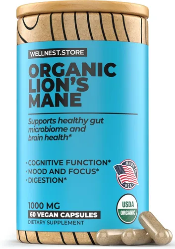 Wellnest.Store Suplemento orgánico de hongo de melena de león (extracto de hericio) 60 cápsulas vegetales – Suplemento de apoyo inmunológico; mejora