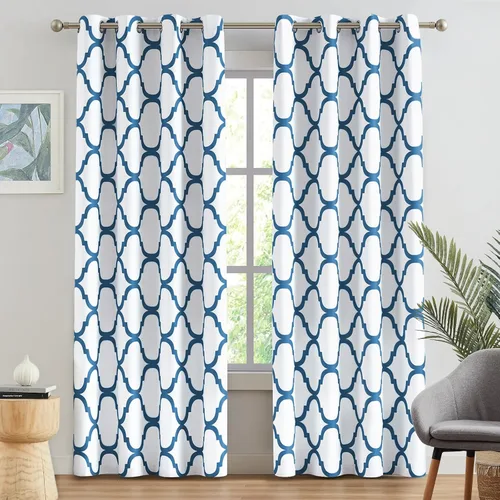 Miniatura 28 de Melodieux - Cortinas opacas estilo marroquí con aislamiento térmico y ojales para oscurecer sala de estar, 2 paneles. Blanco hueso/verde azulado