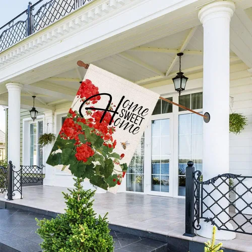 Miniatura 7 de Bandera de geranio para casa de primavera y verano, arpillera de doble cara, abejas florales rojas con cita para el hogar, bandera decorativa