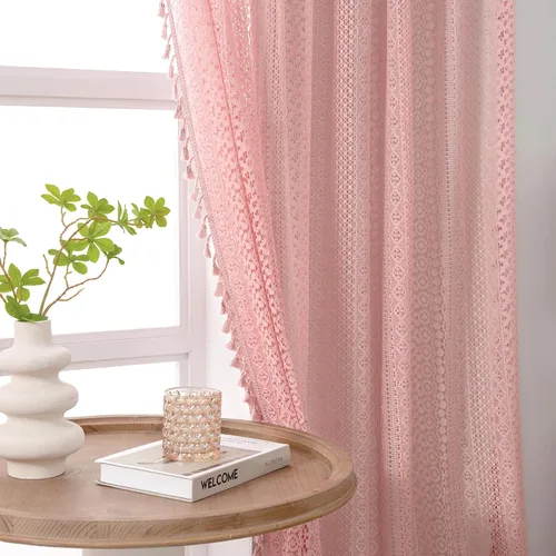 Miniatura 35 de WAZZIO Cortinas de Encaje, Cortina Boho de Crochet para Dormitorio, Cortinas de Café de Algodón, 45 Pulgadas de Largo, 2 Paneles con Bolsillo