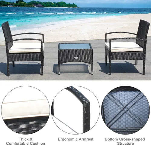Miniatura 4 de HAPPYGRILL Juego de muebles de patio de 3 piezas con mesa de centro de cristal y cojines suaves para balcón, jardín, piscina