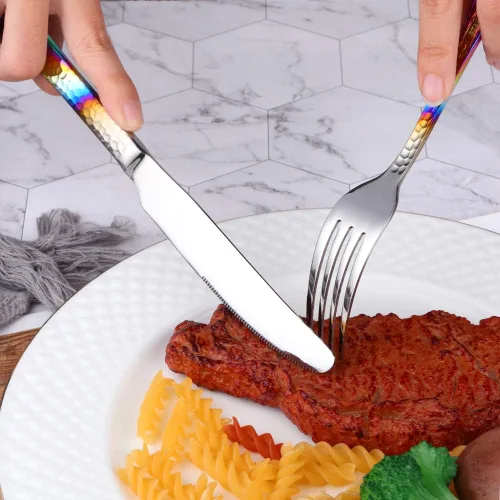 Miniatura 3 de Juego de cubiertos martillados, 20 piezas, cubiertos de cocina de acero inoxidable de alta calidad, esmalte de espejo, aptos para lavavajillas