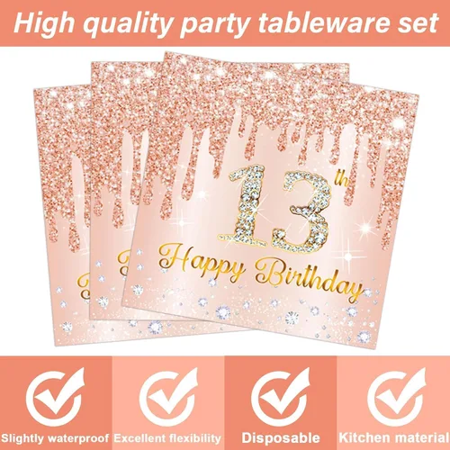 Miniatura 4 de 200 piezas de platos, servilletas y cubiertos de Rose Gold para fiesta de cumpleaños número 13, juego de vajilla rosa para la feliz decoración