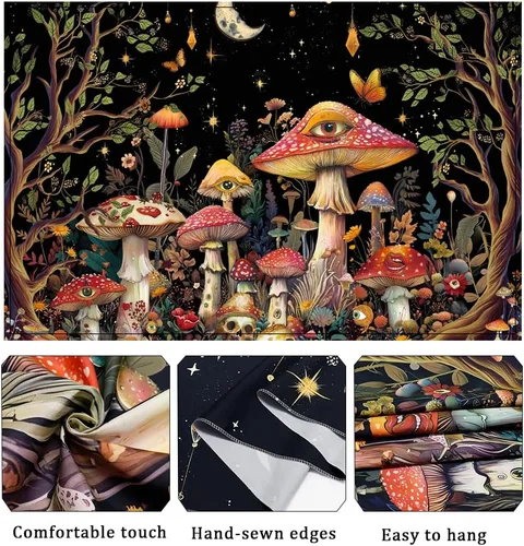 Miniatura 5 de Generleo Tapiz de hongos con luz negra, tapiz floral de plantas hippie reactivas a los rayos UV, tapices de luna de árbol malvado de ojo, decoración