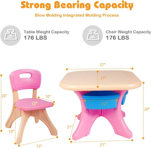 Miniatura 4 de Honey Joy Juego de mesa y silla para niños, mesa de actividades de plástico para niños y 2 sillas con contenedores de almacenamiento, juego de Rosa