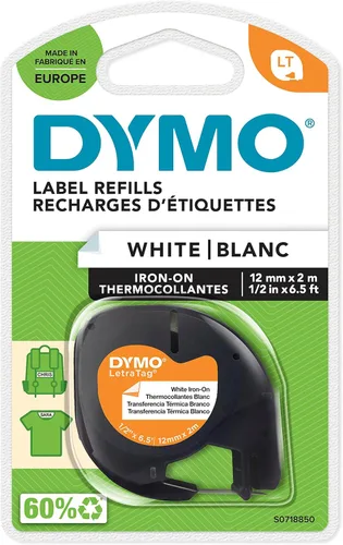DYMO LetraTag Etiquetas de tela termoadhesivas | Auténticas | Rollo de 0.472 in x 6.6 ft | Impresión negra sobre blanco | Etiquetas termoadhesivas
