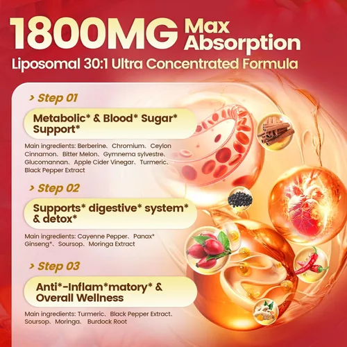 Miniatura 4 de Gotas líquidas de suplemento de Berberina 14 en 1 con canela de Ceilán, 1800mg + tecnología liposomal 30:1 con pimienta de cayena, guanábana, cromo