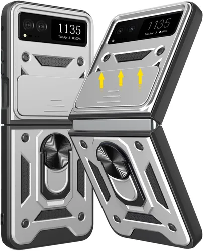 Miniatura 8 de Funda para Motorola Razr 2023 con cubierta de cámara y soporte, protección de lente deslizante + soporte de anillo giratorio de 360°, resistente a