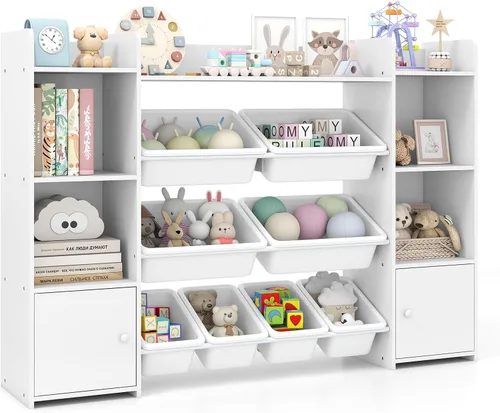 Miniatura 10 de HONEY JOY Organizador de almacenamiento de juguetes para niños, armario de almacenamiento de piso de madera con 8 contenedores extraíbles, estante