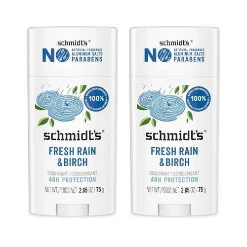 Schmidt's Desodorante vegano sin aluminio Fresh Rain & Birch con protección contra olores las 24 horas, 2 unidades para mujeres y hombres,