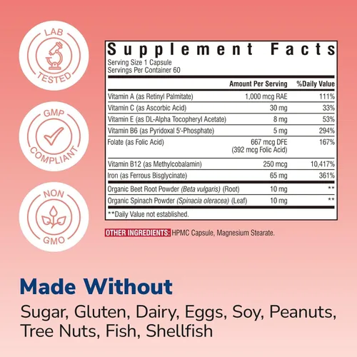 Miniatura 4 de Vitalibre Suplemento de hierro para mujeres y hombres, bisglicinato de hierro, 65 mg de hierro elemental, sin estreñimiento, con vitaminas C, B6