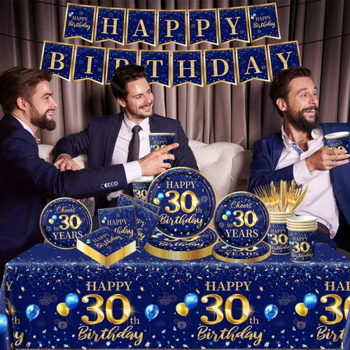 Miniatura 4 de Decoración de 30 cumpleaños para hombres - Juego de 142 piezas de vajilla de cumpleaños azul marino y dorado (sirve para 20) Incluye pancarta feliz