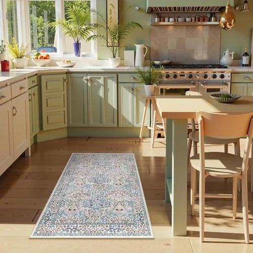 Miniatura 2 de Lahome Tapete floral lavable, suave, para entrada y cocina, 2 x 3 pies, antideslizante, bohemio, ultradelgado, fácil de limpiar, para interior, Azul