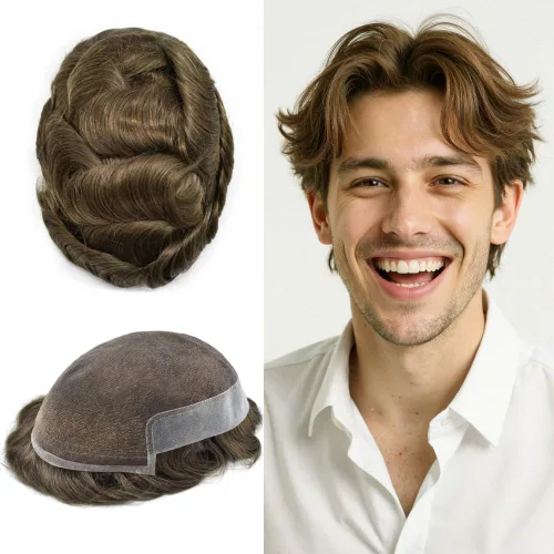 Toupee - Pieza de cabello humano real para hombre, sistema de reemplazo de encaje suizo suave para hombre, pieza de pelo tipo tupé, protesis capilar
