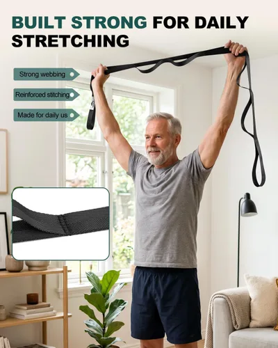Miniatura 7 de Correa Trideer para estiramiento y yoga, correa de terapia física para entrenamiento en casa, ejercicio, pilates y gimnasia, 10 bucles, bandas Negro
