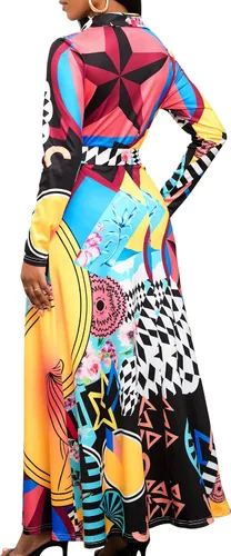 Miniatura 3 de Vestido maxi con estampado de manga larga con botones y cinturón para mujer
