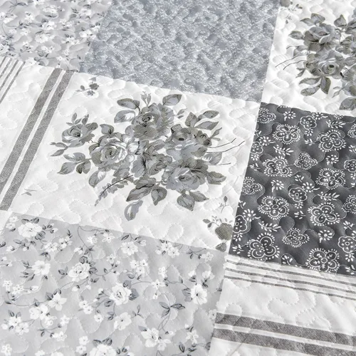 Miniatura 7 de Cmfshape Colcha floral de verano, juego de edredón romántico gris matrimonial, juego de ropa de cama reversible con costuras para todas