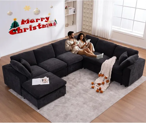 Miniatura 20 de Sofás modulares de nube seccionales para sala de estar, sofá modular grande con otomana, sofá de 3 plazas en forma de L con almohada, color beige