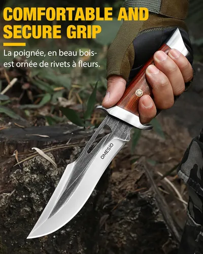 Miniatura 3 de Omesio Cuchillo de hoja fija con vaina, 11.22'' de espiga completa, cuchillos de supervivencia y caza para hombres, hoja grande de 5.7'' de acero