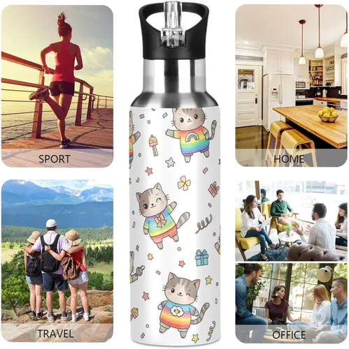 Miniatura 5 de Cute Cartoon Cats Rainbow Insulated Stainless Steel Water Bottle with Straw 20 Oz, BPA-Free Sports Water Bottle with Straw Leakproof Water Bottles