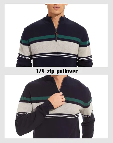 Miniatura 5 de MAGCOMSEN Suéteres para hombre con cremallera de 14, casuales, a rayas, suéteres tipo polo para otoño e invierno