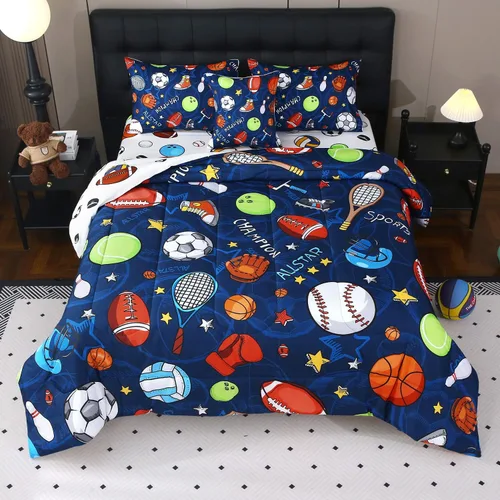 JQinHome Juego de edredón deportivo para niños tamaño individual, cama de 6 piezas en una bolsa para niños y adolescentes, ropa de cama de