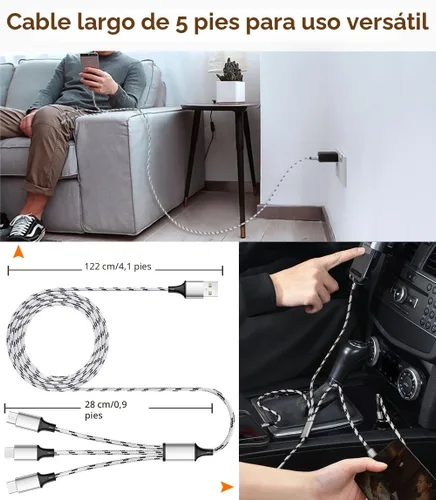 Miniatura 3 de Cable de carga múltiple, paquete de 3 cables de carga múltiple de nailon trenzado múltiple USB universal 3 en 1 adaptador de cable de carga