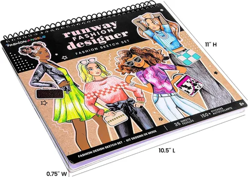 Miniatura 8 de Fashion Angels Portafolio de diseño de pasarela de moda, incluye 35 hojas de bocetos con 4 páginas de plantillas y más de 150 calcomanías, ideal