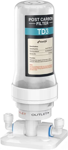 Frizzlife Filtro de agua en línea TD-3, filtro de agua de repuesto rápido que elimina el cloro, los compuestos orgánicos volátiles y el olor, ajusta
