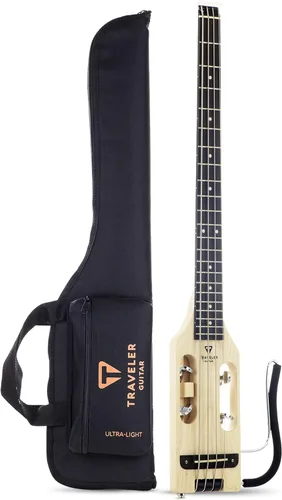 Miniatura 8 de Traveler Guitar Guitarra Bajo Ultra-Ligera Negro Brillante Guitarra de Bajo de Viaje Pequeña con Apoyo de Regazo Removible Guitarra Portátil sin