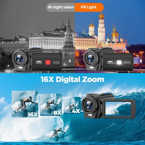 Miniatura 3 de Videocámara 4K de 48 MP, cable de cámara de visión nocturna IR, pantalla táctil de rotación de 270 ° de 3.0 pulgadas, cámara de vlogging con zoom
