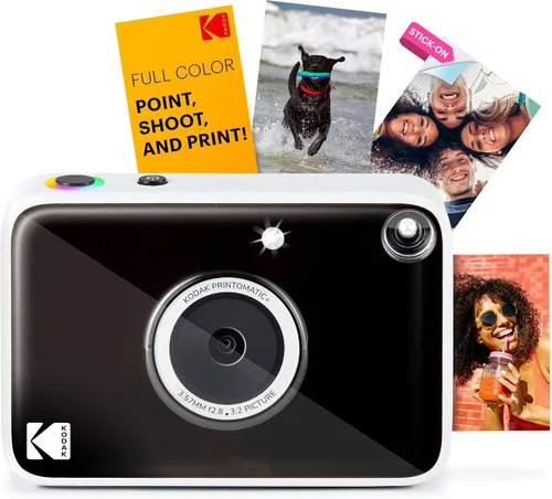 KODAK Printomatic+ - Cámara digital de impresión instantánea (negra) de 10MP, cámara portátil con indicador de estado LED RGB interactivo, imprime