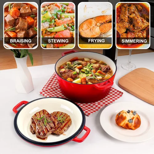 Miniatura 7 de P&P CHEF Olla de horno holandés de 5 cuartos de galón para hornear pan (Rojo), juego de olla y sartén de hierro fundido redondo con tapa 2 en 1