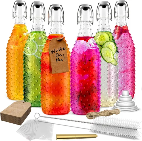 Nevlers, juego de 6 botellas de vidrio con tapa abatible de 33 oz con puntos | Botellas de vidrio transparentes de 1 litro con tapa, envoltura