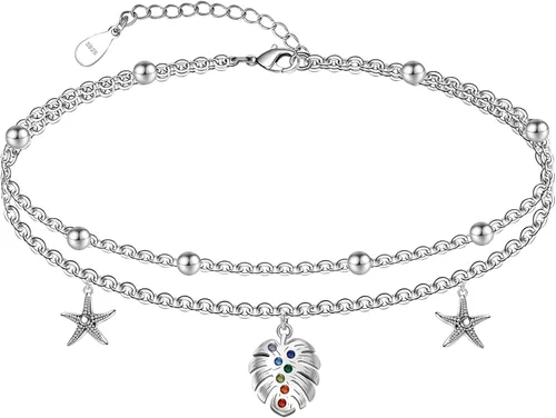 Miniatura 56 de CHIC & ARTSY Tobilleras delicadas de plata de ley S925 para verano, pulsera de tobillo ajustable multicapa para playa, joyería de pie para mujer