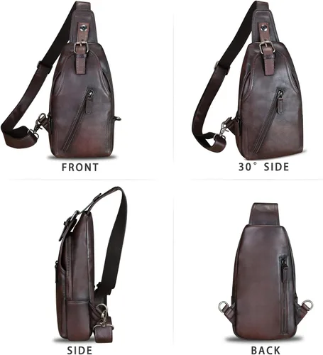 Miniatura 5 de Bolso bandolera de cuero genuino para mujeres y hombres, estilo vintage, de cuero real, a la moda, bandolera, Café