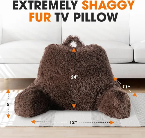 Miniatura 3 de Cheer Collection Silla de almohada de lectura esponjosa, almohada para silla de pelo lanudo con brazos para cama y sofá, color chocolate