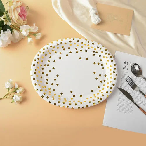 Miniatura 5 de AimFun 50 platos de papel ovalados grandes desechables dorados de lunares dorados de 10 x 12 pulgadas, bandeja decorativa para servir postres