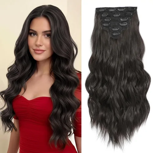Miniatura 23 de Extensiones de cabello con clip para mujer, negro natural con reflejos marrones, 20 pulgadas, 6 piezas, extensiones de cabello largo, ondulado