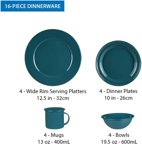 Miniatura 2 de Cinsa Juego de vajilla esmaltada de 16 piezas para 4. Incluye platos, cuencos, tazas, caldera de café