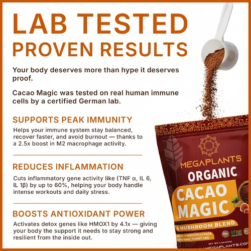 Miniatura 3 de MegaPlants Cacao Magic (50 porciones) Mezcla de superalimento de 5 hongos Melena de león, Reishi, Chaga, Cordyceps, Cola de Pavo Batido